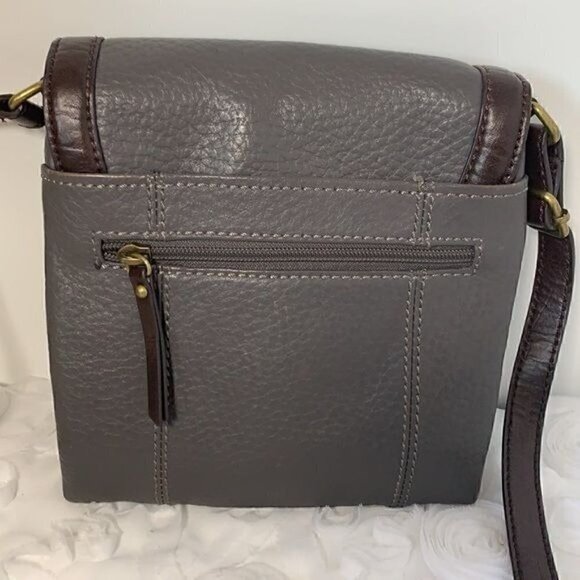 Tignanello Multi Compartment Small Crossbody Bag-Grey Leather/Brown Trim - Picture 3 of 11
